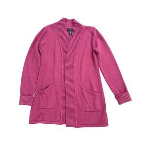Tahari Women Med Pink Open Front Mid Length Long Sleeve Pocket Sweater Cardigan